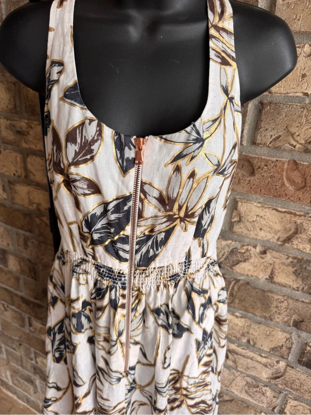 J.Crew Linen Zip-Front Gold Foil Leaf Dress Size 6